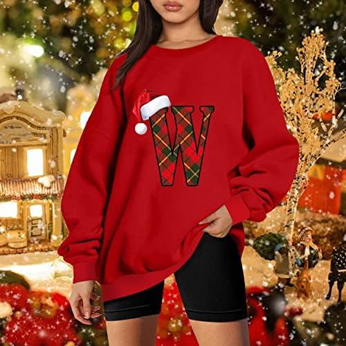 Дамски Коледна Hoody Santa Hat & L, Риза с принтом, Пуловер с дълги ръкави и Занижени Рамо, Ретро Пуловер с кръгло деколте, Върхове
