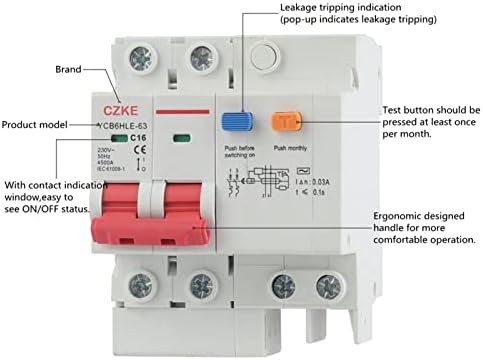 Главен прекъсвач MURVE YCB6HLE-63 Автоматичен прекъсвач остатъчен ток 30 ma със защита от претоварване работен ток RCBO MCB (Цвят: YCB6HLE-63, размер: 63A)