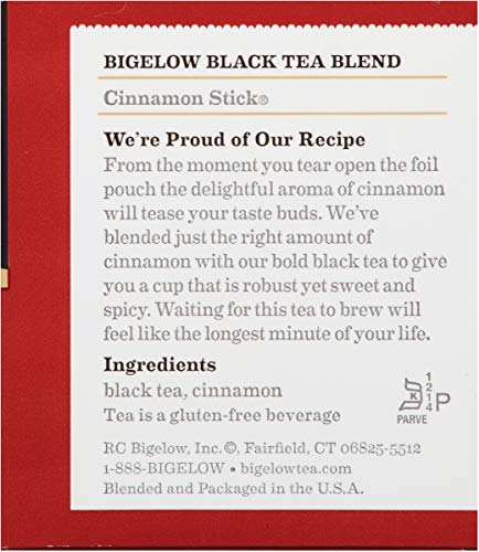 Bigelow Чай Черен чай в пръчици канела, кофеин, 20 парчета (опаковка от 6 пакетчета), само на 120 чаени пакетчета