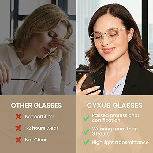 Cyxus Кръгли Очила със Синя Светлина за Мъже И Жени, Метална Дограма, Блокиране на UV-Лъчи, Компютърни Очила, Прозрачни Лещи, Метални Ультралегкие Очила