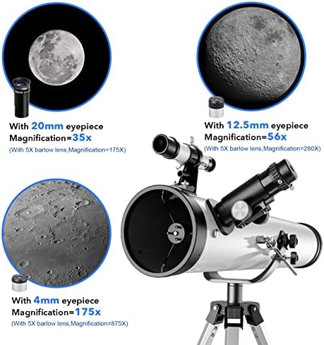 Телескоп-рефлектор HSL с отвор 76 мм фокусно разстояние 700 мм, Астрономически телескопи-рефлектор (35X-875X) за възрастни и деца - с 3 окулярами, 5-кратно обектив Барлоу, лун?