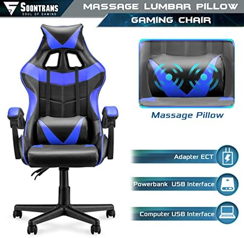 Слот столове Soontrans Blue с масаж, Ергономичен стол за компютърни играчи на Игралното стол с Регулируема облегалката за глава и лумбална