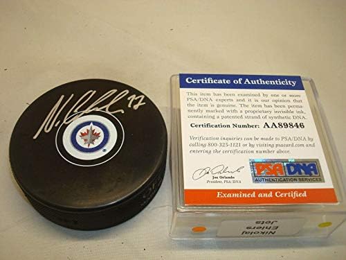 Николай Ehlers подписа Хокей шайба Winnipeg Дюзи с Автограф на PSA/ DNA COA 1C - за Миене на НХЛ с автограф