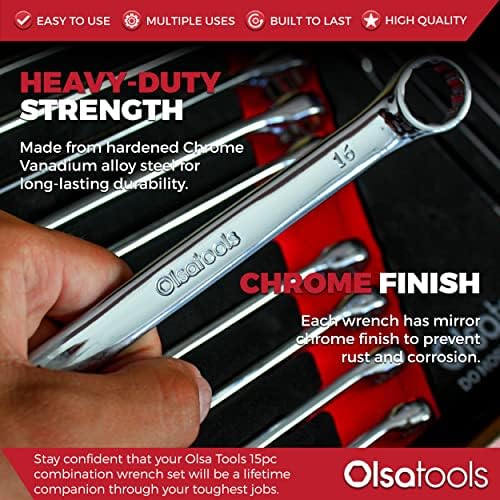 Olsa Tools 15 бр. Набор от комбинирани ключове (метрични, с 12 точки) | Размери 8-22 мм | Пълен набор от метрични ключове | Небьющийся