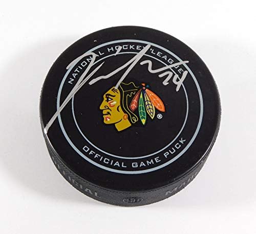 Жан-Франсоа Берубе подписа официално хокей шайба НХЛ Блекхоукс Фанатикс Авто 08 - за Миене на НХЛ с автограф