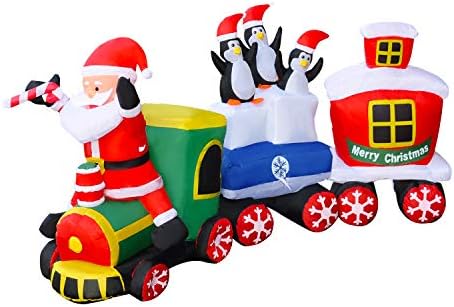 SEASONBLOW 9-Крак Коледен Надуваем Дядо Коледа с Шейна с 2 Еднорози + 8-Подножието на надуваеми играчки с led подсветка, Коледен влак с