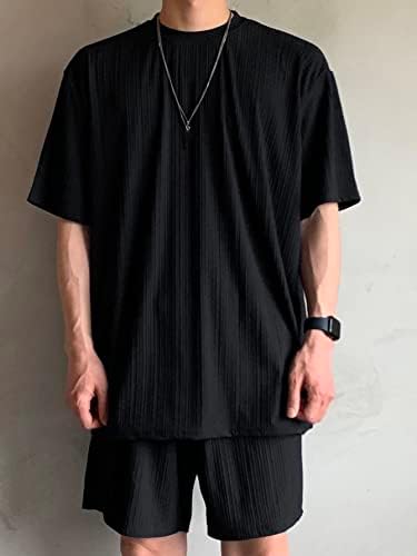 FIOXA /Мъжки облекла от две части, Мъжки однотонная тениска и шорти с завязками на талията (Цвят: черен, Размер: Голям)