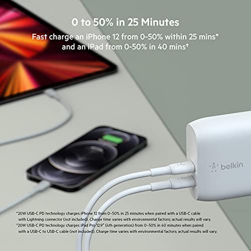 Стенно зарядно Belkin с два USB порта C 40 Вата Зарядно устройство, USB Type C, за бързо зареждане на iPhone 14, 14 Pro,
