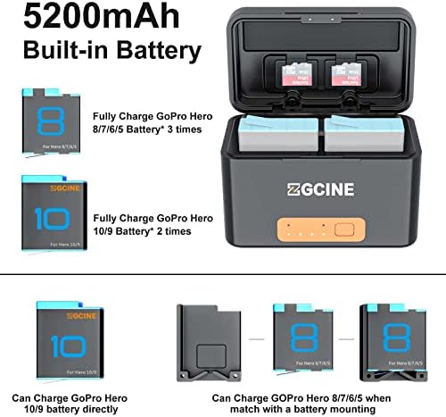 Калъф за безжичното зареждане ZGCINE G10 Mini за Gopro Hero 10, батерия 9/8/7/6/5, Вградена акумулаторна батерия с капацитет 5200 mah,