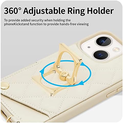 Калъф-пръстен ROMIELA за iPhone 14 Plus с държач за карти, каишка През рамо, с RFID заключване, Кожен Калъф, Въртящи се на