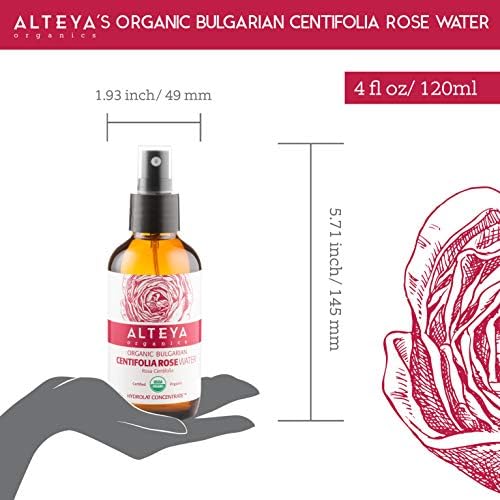 Спрей за вода Alteya Organic Centifolia Rose 120 ml в Стъклена бутилка - Сертифицирана от Министерство на земеделието на САЩ на Органични