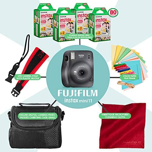 Филмова камера FUJIFILM INSTAX Mini 11 (струя сив) + КОМПЛЕКТ АКСЕСОАРИ, СЪСТОЯЩ се от 4 филм Fujifilm Instax Mini Twin Film (80 експозиции),
