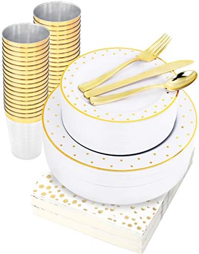 WELLIFE Пластмасов с Трапезария и кухненски прибори с златни точки 350 Бр, за Еднократна употреба Бели чинии със златен точки