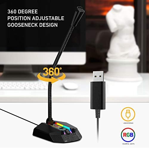 Настолен USB микрофон с бутон за изключване на звука и RGB Подсветка, Lauva Plug & Play PC, Игри с микрофон за компютър, Ненасочено
