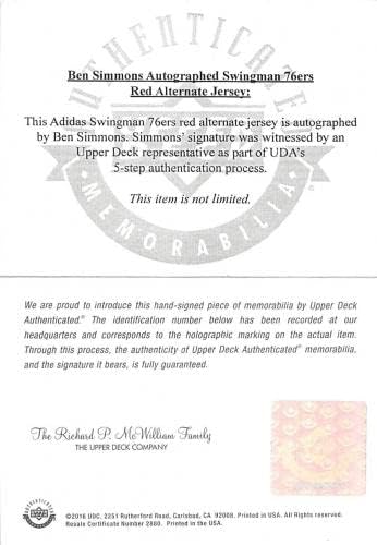 76-ърс Бен Симънс Подписа Червената Фланелка Адидас Swingman UDA #BAM55872 - Тениски НБА с автограф