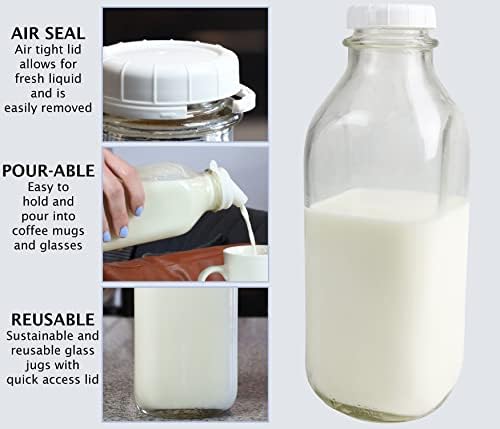 The Dairy Шоп 1 Литровата (33,8 унция) Стъклена бутилка за мляко в ретро стил с капак и НОВИ силиконови носиками за леене!