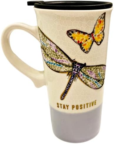 Керамична чаша с тънка глазура във формата на пеперуда и Светлячка с капачка за пиене | Надпис: ОСТАНЕТЕ ПОЗИТИВНИ