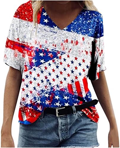 Дамски Ежедневни Модерна Лятна Тениска с V-образно деколте и принтом Ден на Независимостта, Ризи С Къс ръкав