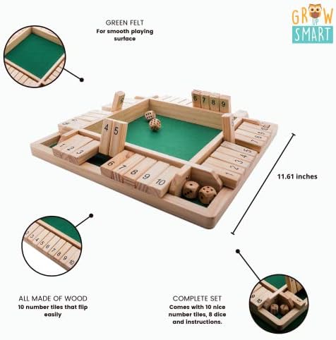 GrowUpSmart 4-Странен игра на зарове Затвори си кутия (2-4 играча) за деца и възрастни [4-странен голяма дървена настолна игра, 8 кубчета
