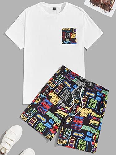 OSHHO Комплект дрехи от две части за мъже, Топ и къси панталони с накладным джоб с надпис и шарките (Цвят: многоцветен, Размер: Средно)