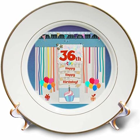 Триизмерен образ на етикет на 36-ти рожден ден, Торта, Свещи, балони, подаръци, Серпентина - Чинии (cp_359597_1)