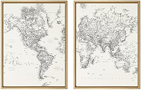 Кейт и Лоръл, Силви, е Черно-Бяла Модерна ретро Карта на света, на Стенен монтаж Комплект за рисуване върху Платно, рамкирана от студио Creative Bunch, 2 предмета, златото 18x2
