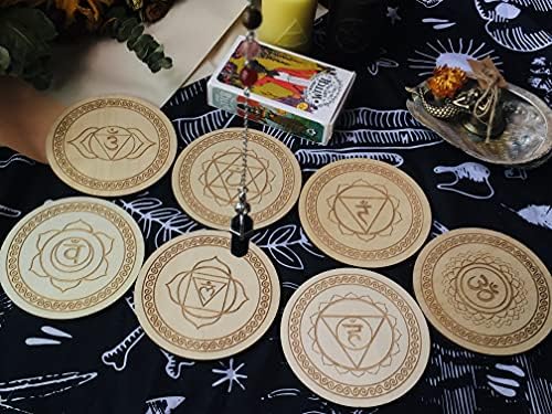Комплект от 7 дървени плочки OKDOKEY със седем Чакри | с огърлица от обисидианского махалото | за декоративен акцент върху
