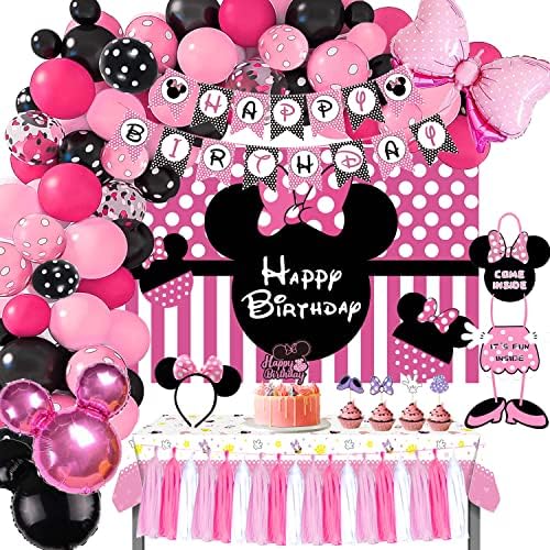 Аксесоари за парти в чест на рождения Ден на NAIWOXI Minnie - Украса за Рожден Ден на Мишката в стил Мини маус, За момиченца Включват Банер реклама, Арка от балони, Фон, Зака?